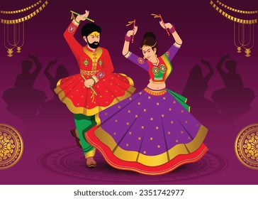 illustration of Dandiya For Happy Navratri, Couple Playing Garba and Dandiya in Navratri Celebration and Disco Night svg