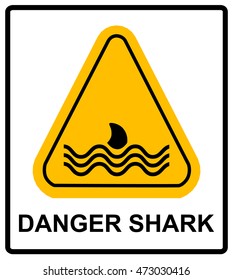 Illustration of a danger signal icon with a shark fin. Vector warning banner for beaches and pear on sea and ocean in yellow triangle isolated on white.