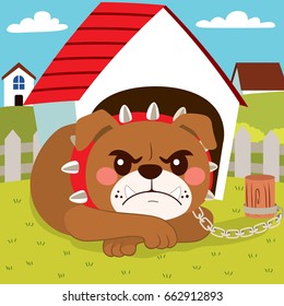 Illustration of dangerous bulldog dog lying in front of little house