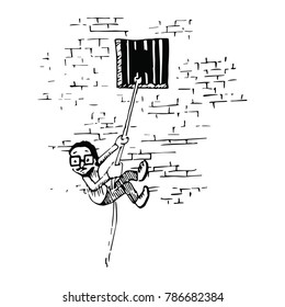 Illustration of a daring escape out a prison window.