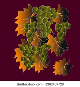 illustration of dark background brush grape leaves orange green painting interior vector graphics
