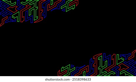 Ilustração com fundo escuro e padrão de linha colorido (vermelho, azul, verde)
