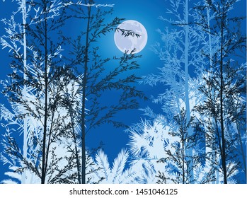 illustration with dark bamboo plants at full moon