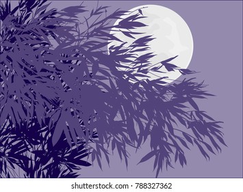 illustration with dark bamboo plants at full moon