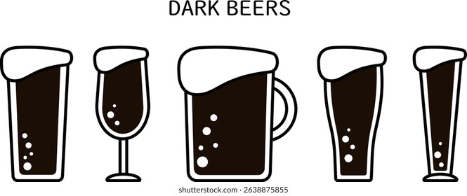 Illustration of dark beer poured into various glasses