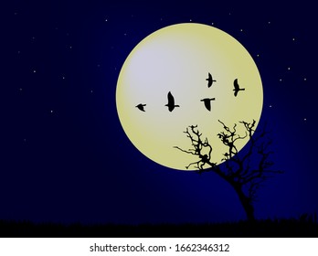 ilustración, fondo azul oscuro, gran luna y estrella, y pájaro volando en el cielo 