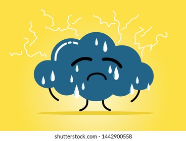 Illustration of dark blue cloud with a sad face and lighting at back