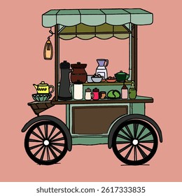 Illustration of a dark brown cart and a mix of green and black and a pink background selling drinks in an aesthetic style. Drink cart serving hand-drawn illustrations. Coloring book