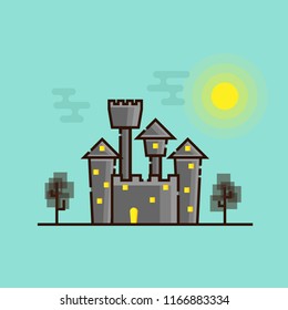 illustration of dark castle with moonlight vector flat design