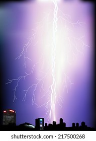 illustration with dark city landscape at thunderstorm