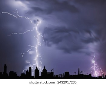 illustration with dark city landscape at thunderstorm