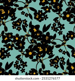 illustration dark flowers arranged on a turquoise background. seamless pattern design.