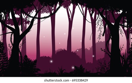 Illustration of Dark Forest, Deep Forest Silhouette at Night with Sparkles