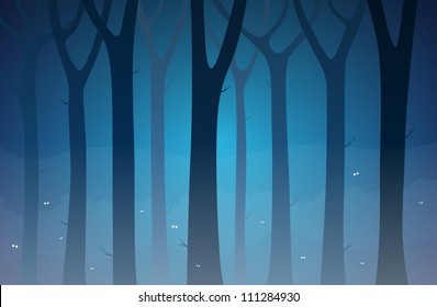 Illustration of a dark forest full of unknown creatures.