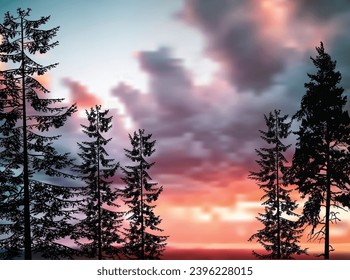 Illustration mit dunklem Wald bei rosafarbenem Sonnenuntergang