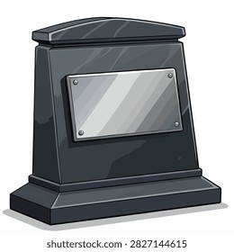 Illustration of a dark granite tombstone featuring a blank metal plaque