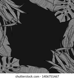 Illustration of dark gray tropical leaves of palm trees, monster and grass on a black background