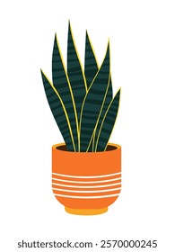 An illustration of dark green snake plant (Sansevieria) in an orange pot with white horizontal stripe patterns. 11 January 2025.