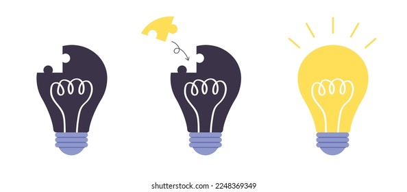 Illustration of dark light bulb with missing piece to complete and bright light bulb isolated on white background. Concept of idea, creativity, solving problem, missing piece. Flat vector illustration