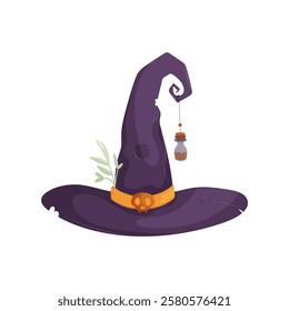 Illustration of a dark purple witch hat featuring a dangling potion bottle, green leaves, and a yellow belt with a skull emblem. Purple Witch Hat with Potion Bottle