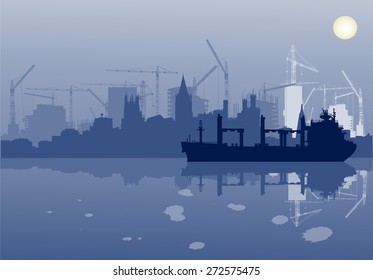 illustration with dark ship near blue house buildings