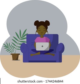 An illustration of a dark skinned girl  sitting on a couch with a laptop and working from home. Student or freelancer.