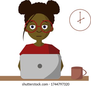 An illustration of a dark skinned girl sitting at the table wwith her laptop. freelanser or student.