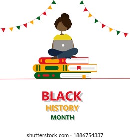 An illustration of a dark skinned girl sitting on a stack of books. Black history month banner template. Isolated on white. African culture celebration.