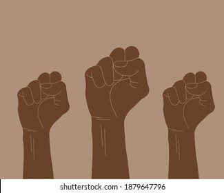 An illustration of dark skinned hands raised up in a fist.