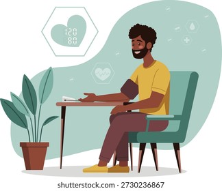 Ilustración de un hombre de piel oscura sentado en una silla, sonriendo mientras comprueba su presión arterial con un monitor automático. Incluye iconos de salud y visualización de la frecuencia cardíaca en un entorno interior moderno.