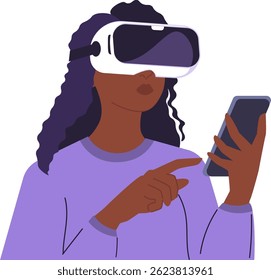 Illustration of a dark skinned woman immersed in virtual reality, showcasing innovation and futuristic technology. Woman in VR glasses, meta universe of entertainment concept. Flat style design