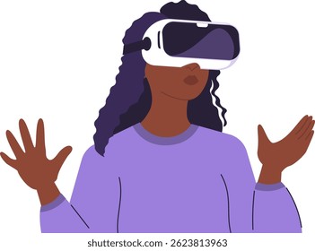 Illustration of a dark skinned woman immersed in virtual reality, showcasing innovation and futuristic technology. Woman in VR glasses, meta universe of entertainment concept. Flat style design