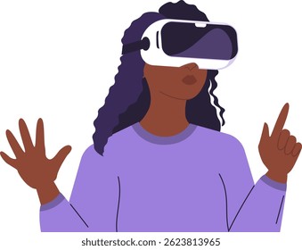Illustration of a dark skinned woman immersed in virtual reality, showcasing innovation and futuristic technology. Woman in VR glasses, meta universe of entertainment concept. Flat style design