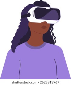 Illustration of a dark skinned woman immersed in virtual reality, showcasing innovation and futuristic technology. Woman in VR glasses, meta universe of entertainment concept. Flat style design