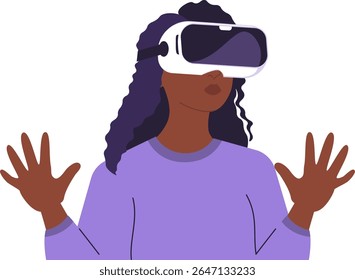 Illustration of a dark skinned woman immersed in virtual reality, showcasing innovation and futuristic technology. Woman in VR glasses, meta universe of entertainment concept. Flat style design