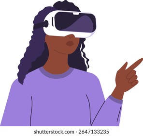Illustration of a dark skinned woman immersed in virtual reality, showcasing innovation and futuristic technology. Woman in VR glasses, meta universe of entertainment concept. Flat style design