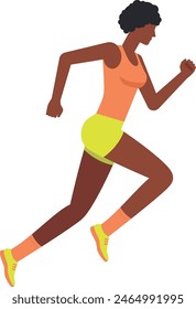 Illustration of a dark skinned woman running in an orange tank top and green shorts. Running athlete flat design illustration.