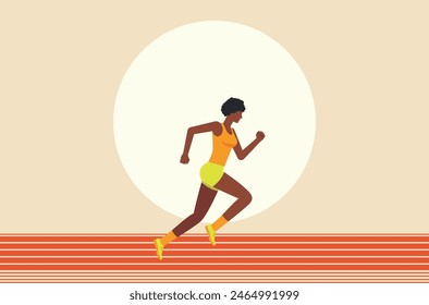 Illustration of a dark skinned woman running in an orange tank top and green shorts. Running athlete flat design illustration.