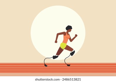 Illustration of a dark skinned woman running competition with leg prostheses in an orange tank top and green shorts. Running athlete flat design illustration.