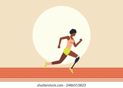 Illustration of a dark skinned woman running competition with leg prostheses in an orange tank top and green shorts. Running athlete flat design illustration.