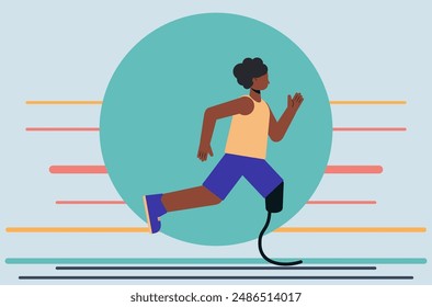 Illustration of a dark skinned woman running competition with leg prostheses in an tank top and shorts. Running athlete flat design illustration.