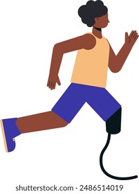 Illustration of a dark skinned woman running competition with leg prostheses in an tank top and shorts. Running athlete flat design illustration.