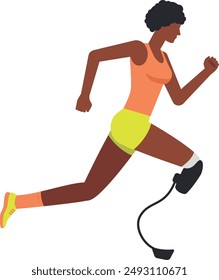 Illustration of a dark skinned woman running competition with leg prostheses in an orange tank top and green shorts. Running athlete flat design illustration.