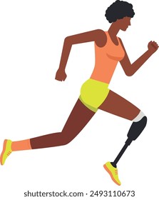 Illustration of a dark skinned woman running competition with leg prostheses in an orange tank top and green shorts. Running athlete flat design illustration.