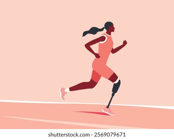 Illustration of a dark skinned woman running competition with leg prostheses in an orange tank top and green shorts. Running paralympic athlete flat design illustration.