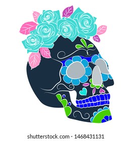 illustration of a dark skull with roses, a symbol of the traditional Mexican holiday Day of the dead and day of angels