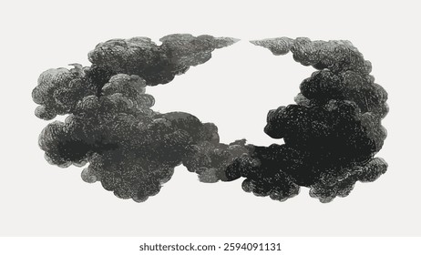 Illustration of dark, swirling clouds. The clouds form a dense, dramatic pattern. Swirling clouds create a moody, atmospheric effect. Dark clouds dominate the scene. Vintage illustration, vector.