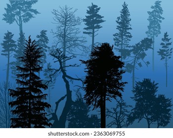 illustration with dark trees on blue background