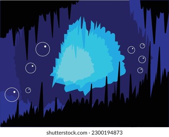 an illustration of a dark underwater cave with shades of blue, sea diving concept, abstract art, used as posters or wallpapers