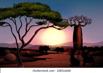 Ilustración de una visión oscura de la naturaleza con animales